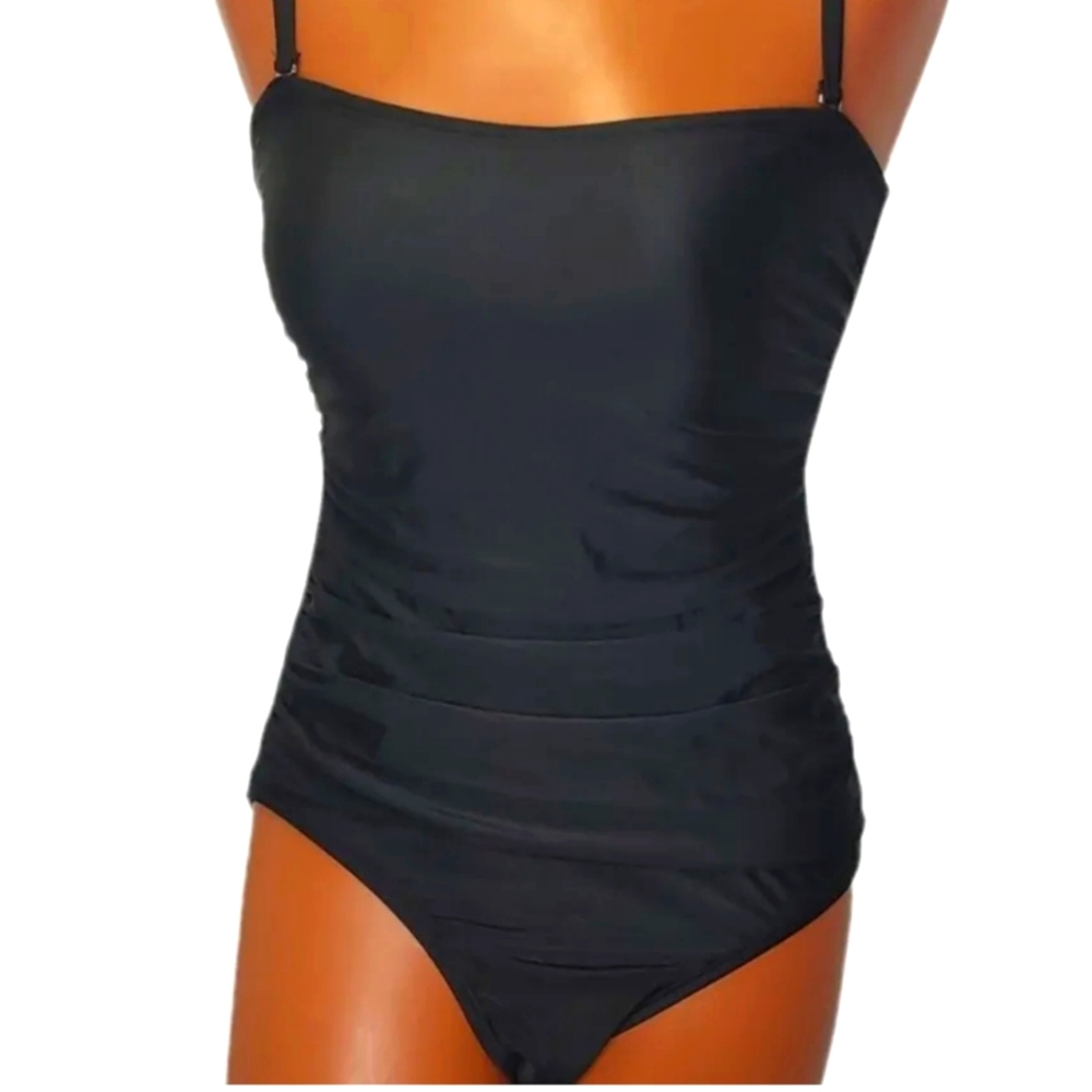 DKNY One Pc Swimsuit Woman Med Black Slimming Strapless Tummy Control New - Picture 1 of 8